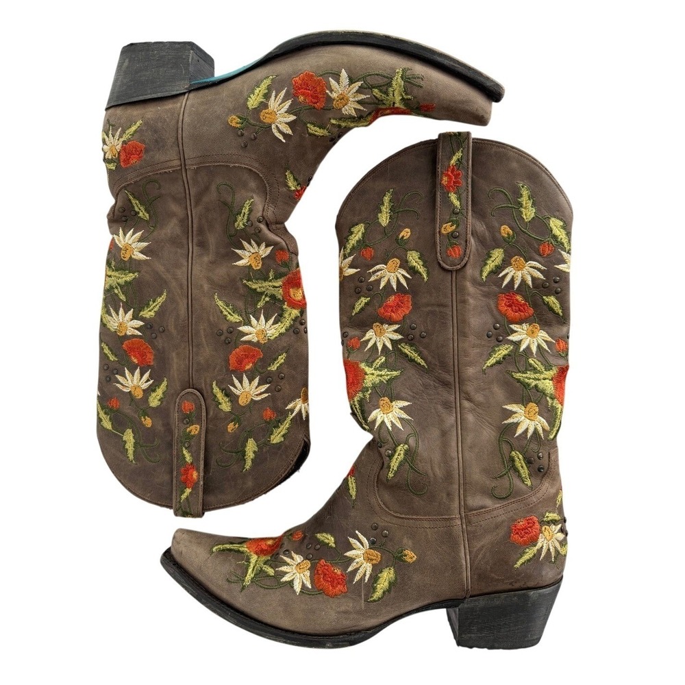 Lane Boots Western Embroidered Floral Wild Stitch Brown Leather Cowgirl 11 FLAWS - Picture 1 of 16